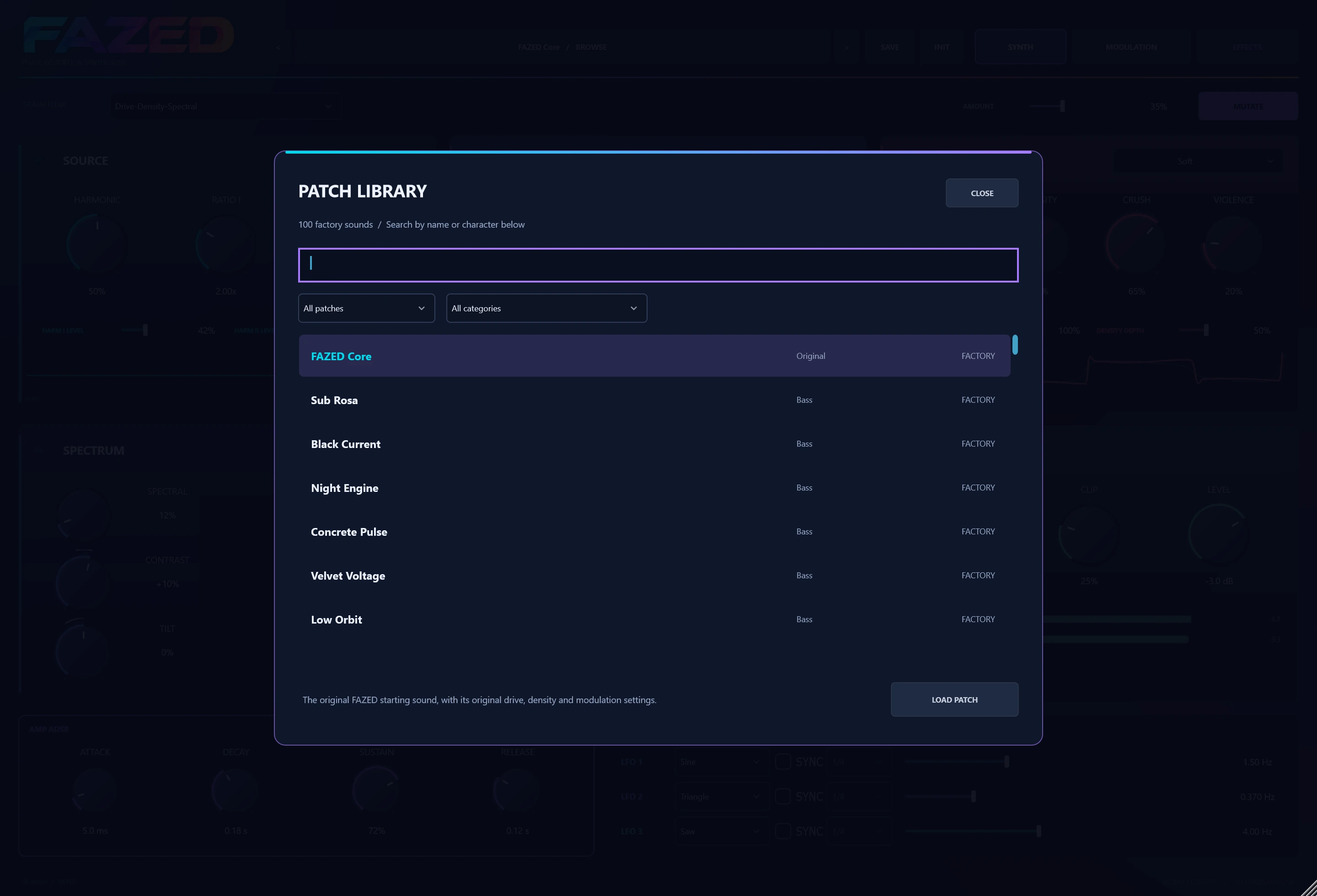 FAZED Patch Library with search, category filters and factory sounds including Sub Rosa, Black Current and Night Engine.