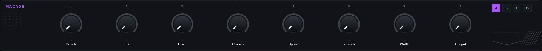 All eight Engine macro knobs, named Punch, Tone, Drive, Crunch, Space, Reverb, Width and Output, with A, B, C and D snapshot buttons.