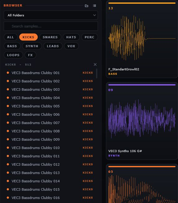 Engine's sample browser filtered to Kicks, with search and category buttons alongside loaded sample pads.