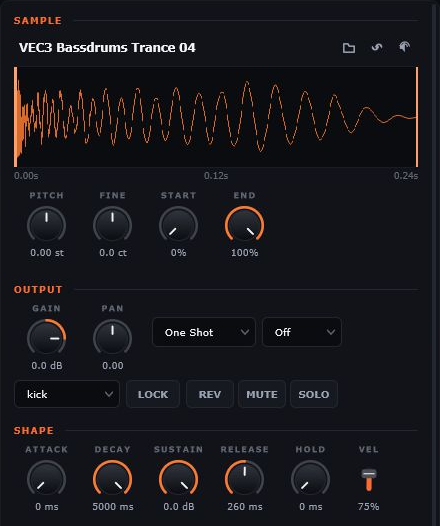 Engine's selected-pad editor with sample waveform, pitch and trim controls, output settings, reverse, mute, solo and envelope controls.