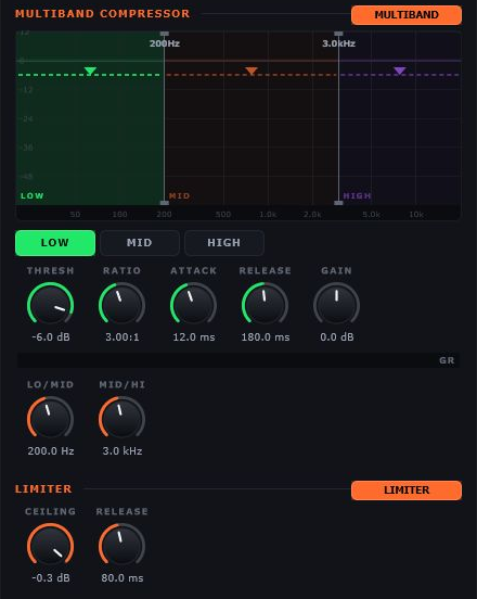 Engine's master three-band compressor with draggable crossover and threshold display, low-band controls and output limiter.