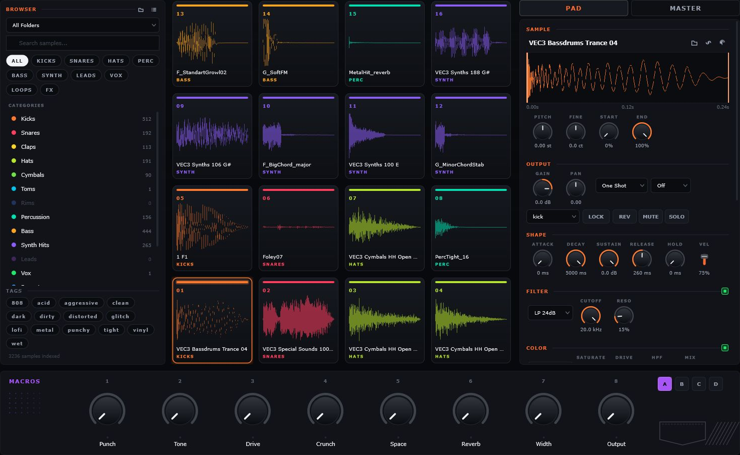 Actual Engine interface showing 16 colour-coded sample pads with waveforms, the browser, selected pad controls and eight macros.