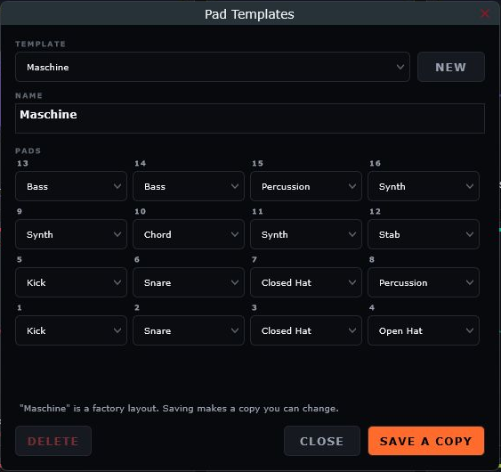 Engine's Pad Templates editor showing the role assigned to each of the 16 pads and the Save a Copy control.