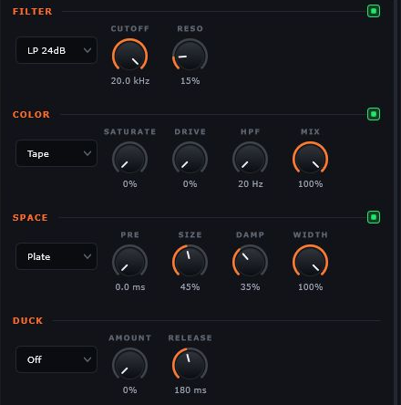 Engine's per-pad Filter, Color, Space and Duck sections, including saturation, reverb and ducking controls.